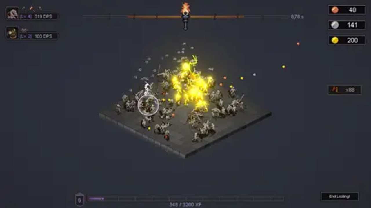 Bones and Coins combat HUD: torch timer, party DPS, flying loot, and a packed isometric skeleton room
